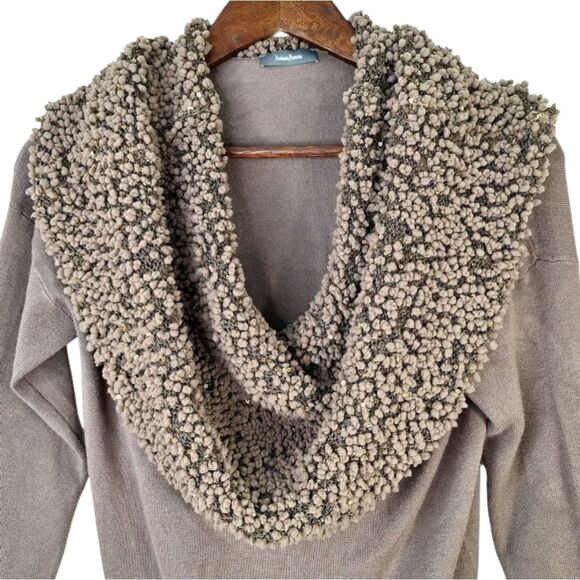 NWT Neiman Marcus Brown Taupe Cowl Neck Pom-Pom Long Sleeved Sweater Sz S - Picture 4 of 9